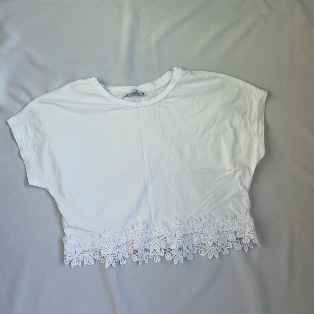 Zara White Crop Top with Floral Lace Hem
